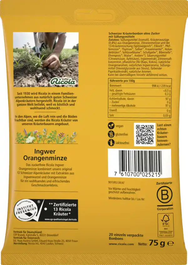 Bild 2 von Ricola Ingwer Orangenminze Hustenbonbons (20 Bonbons), 75 g