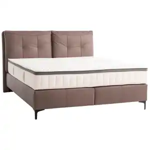 Novel Boxspringbett, Braun, Textil, Echtleder, Rindleder, Fichte, massiv, Sperrholz, H2, Höhe ca. 27 cm, 200x200 cm, DIN EN ISO 14001, DIN EN ISO 9001, gepolstertes Kopfteil, Federkernmatratze, Stof