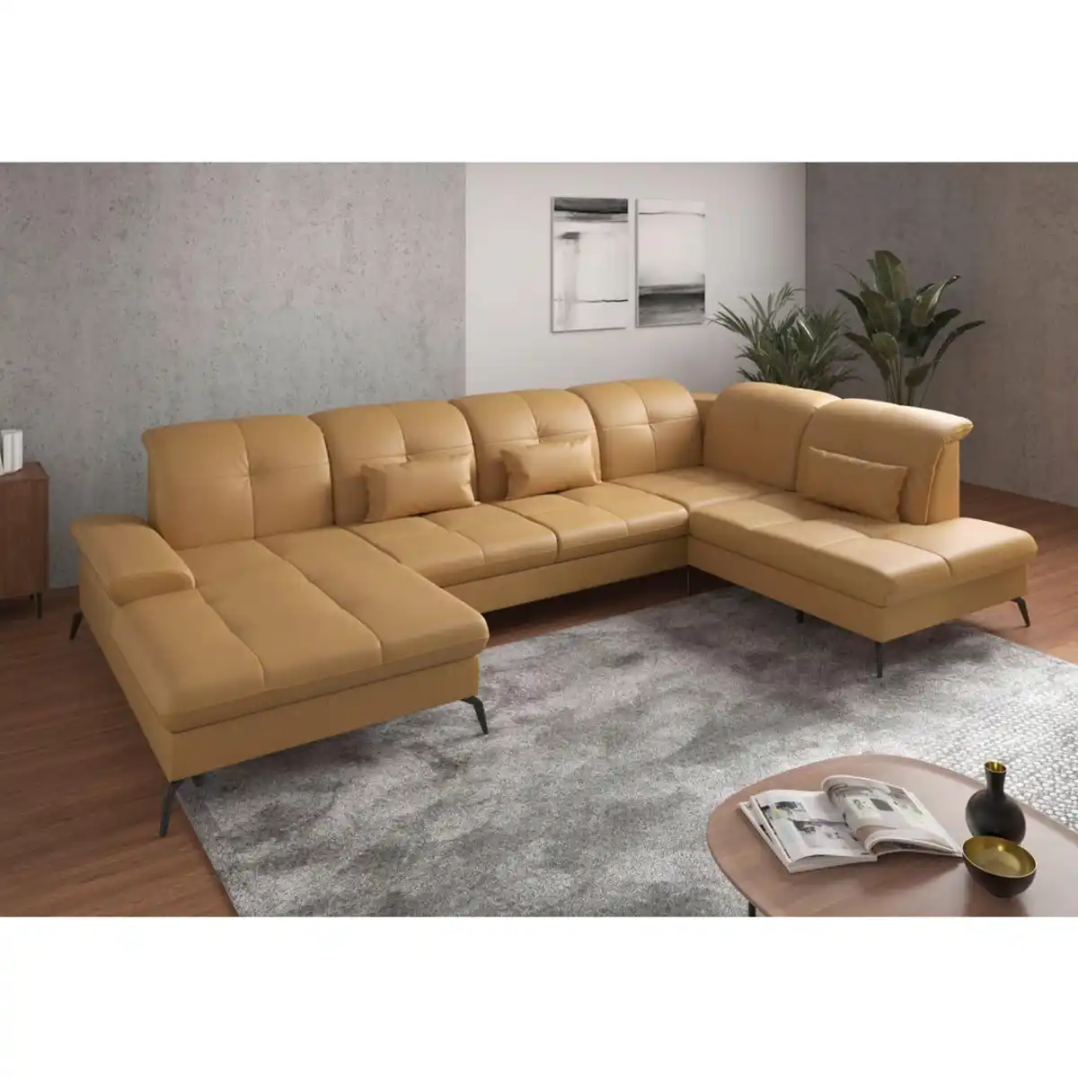 Bild 1 von Sit & More Wohnlandschaft, Currygelb, Leder, Echtleder, Nappaleder, 6,5-Sitzer, Ottomane rechts, U-Form, 357x231 cm, Goldenes M, Made in Europe, DGM-Klimapakt, Schlafen auf Sitzhöhe, Rücken echt, A