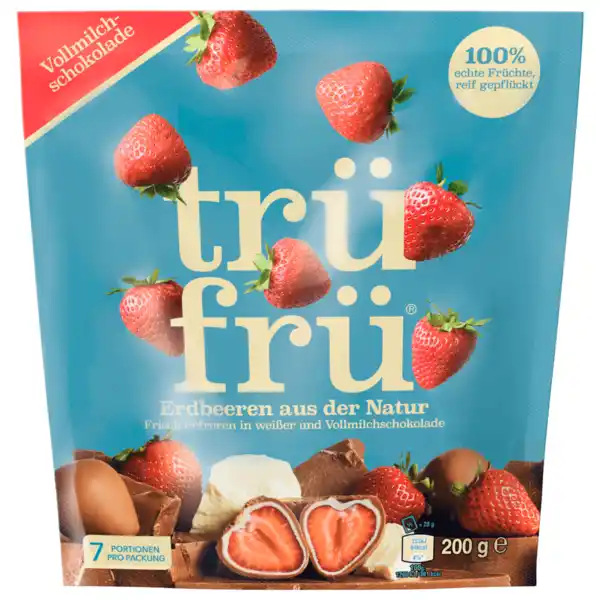 Bild 1 von Trüfrü gefrorene Erdbeeeren in weißer und Vollmilchschokolade 200g