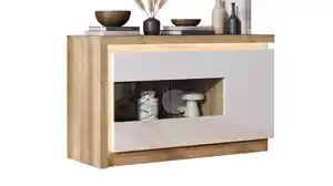 Sideboard mit Glastüren weiß Hochglanz - Eiche 158 cm - LYON