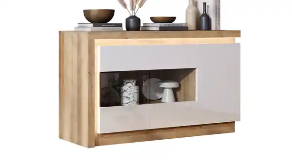 Bild 1 von Sideboard mit Glastüren weiß Hochglanz - Eiche 158 cm - LYON