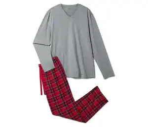 Pyjama-Set mit Flanellhose, grau-rot