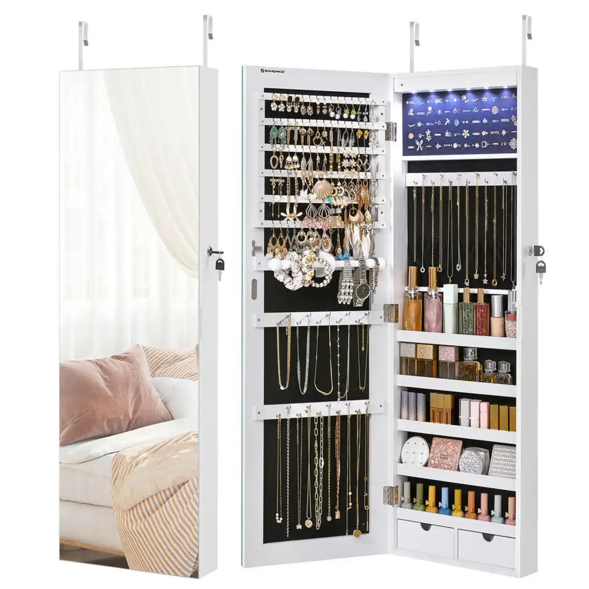 Bild 1 von Schmuckschrank, Weiß, Glas, Textil, Holzwerkstoff, 5 Fächer, 2 Schubladen, 37x108x9.3 cm, hängend, Ordnen & Aufbewahren, Schmuckaufbewahrung