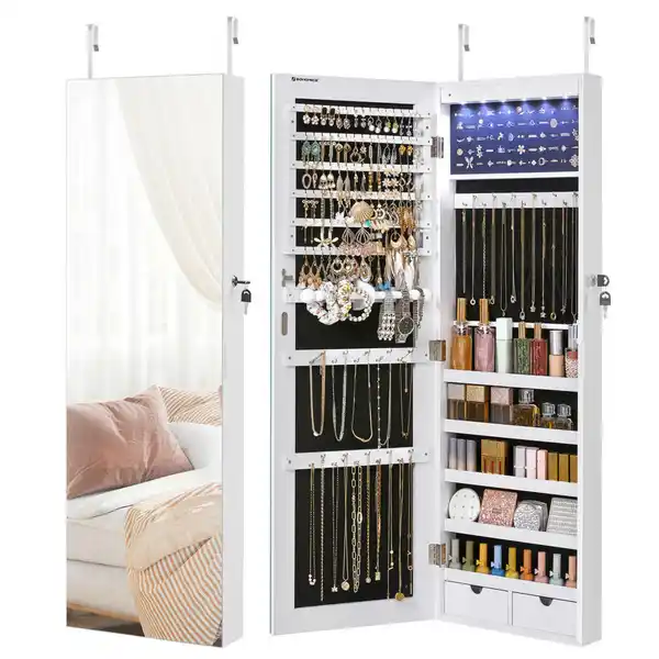 Bild 1 von Schmuckschrank, Weiß, Glas, Textil, Holzwerkstoff, 5 Fächer, 2 Schubladen, 37x108x9.3 cm, hängend, Ordnen & Aufbewahren, Schmuckaufbewahrung