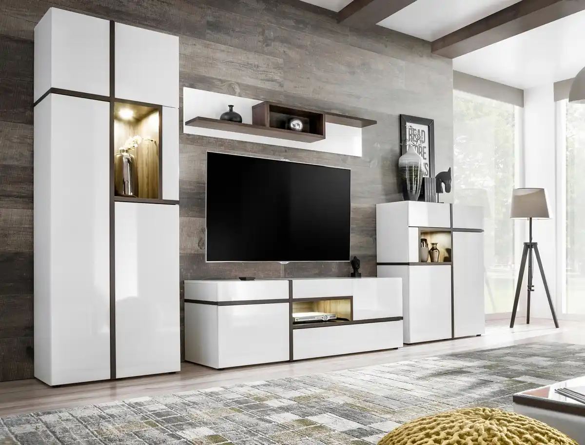 Bild 1 von Wohnwand Cross Weiß/Ulmefarben, Weiß, Ulmefarben, Weiß Hochglanz