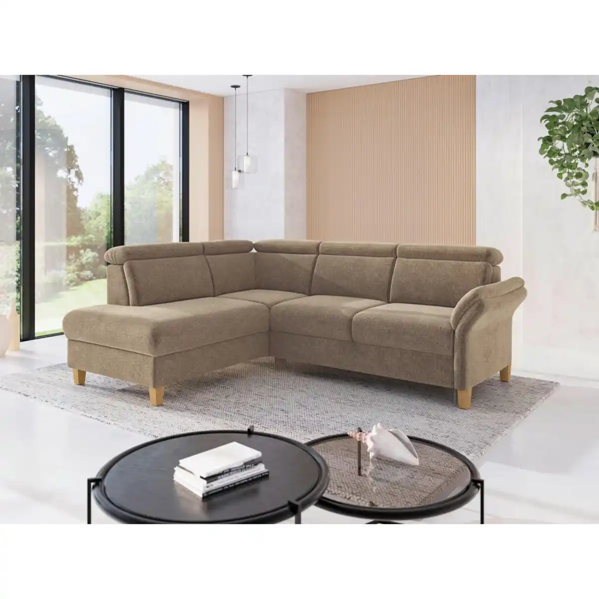 Bild 1 von Sit & More Ecksofa Glendale E, Hellbraun, Textil, Eiche, massiv, 5,5-Sitzer, Ottomane links, L-Form, 247x193 cm, Goldenes M, Oeko-Tex® Standard 100, Made in Europe, DGM-Klimapakt, Rücken echt, Armt