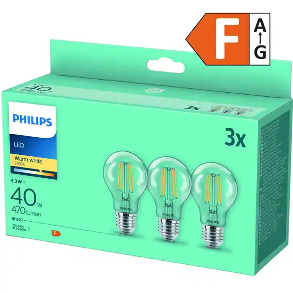 Bild 1 von PHILIPS LED-Filament-Birnen E27 4,3 W, 470 lm, 2.700 K, 3-St.-Packg.