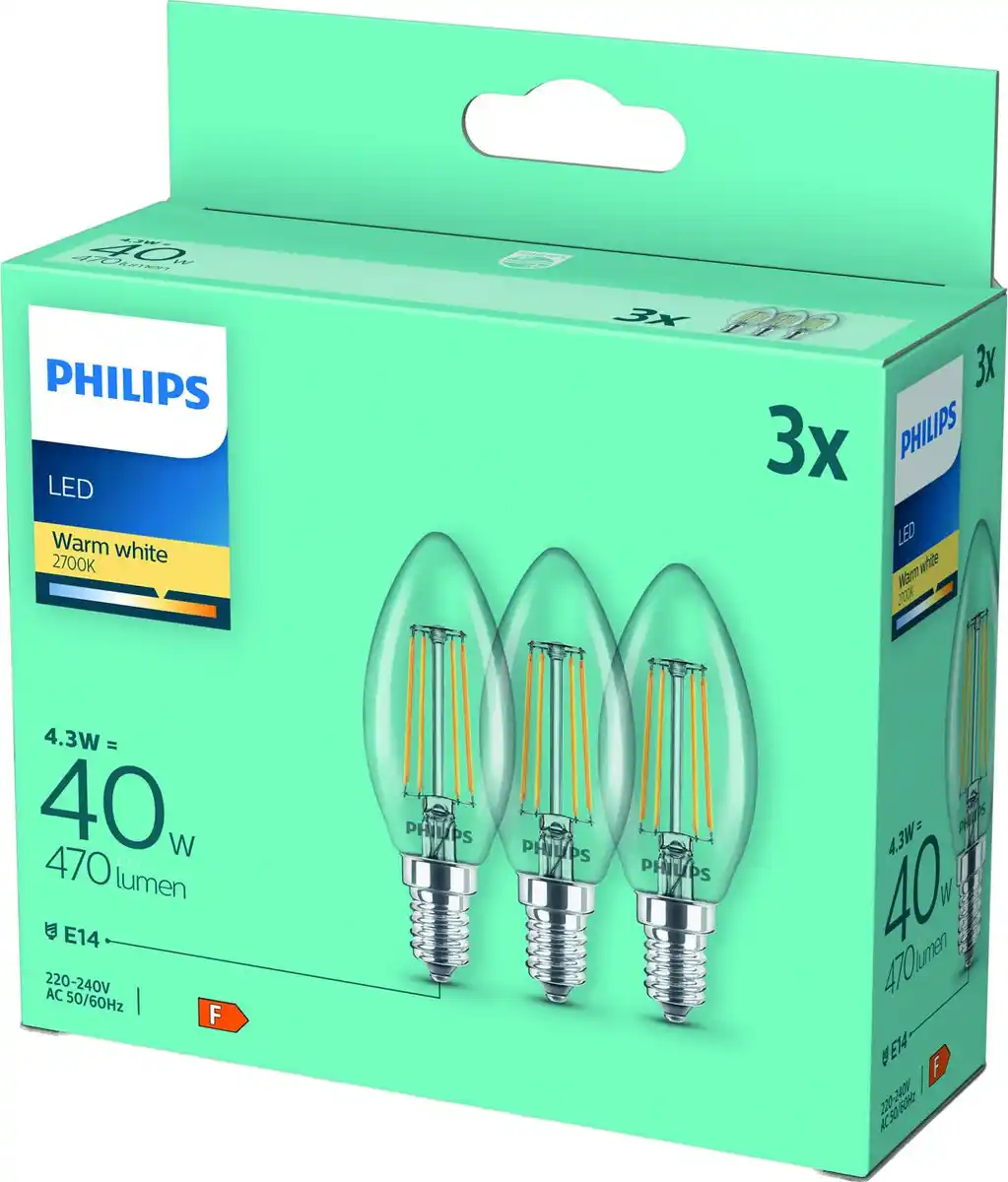 Bild 1 von PHILIPS LED-Filament-Kerzen E14 4,3 W, 470 lm, 2.700 K, 3-St.-Packg.