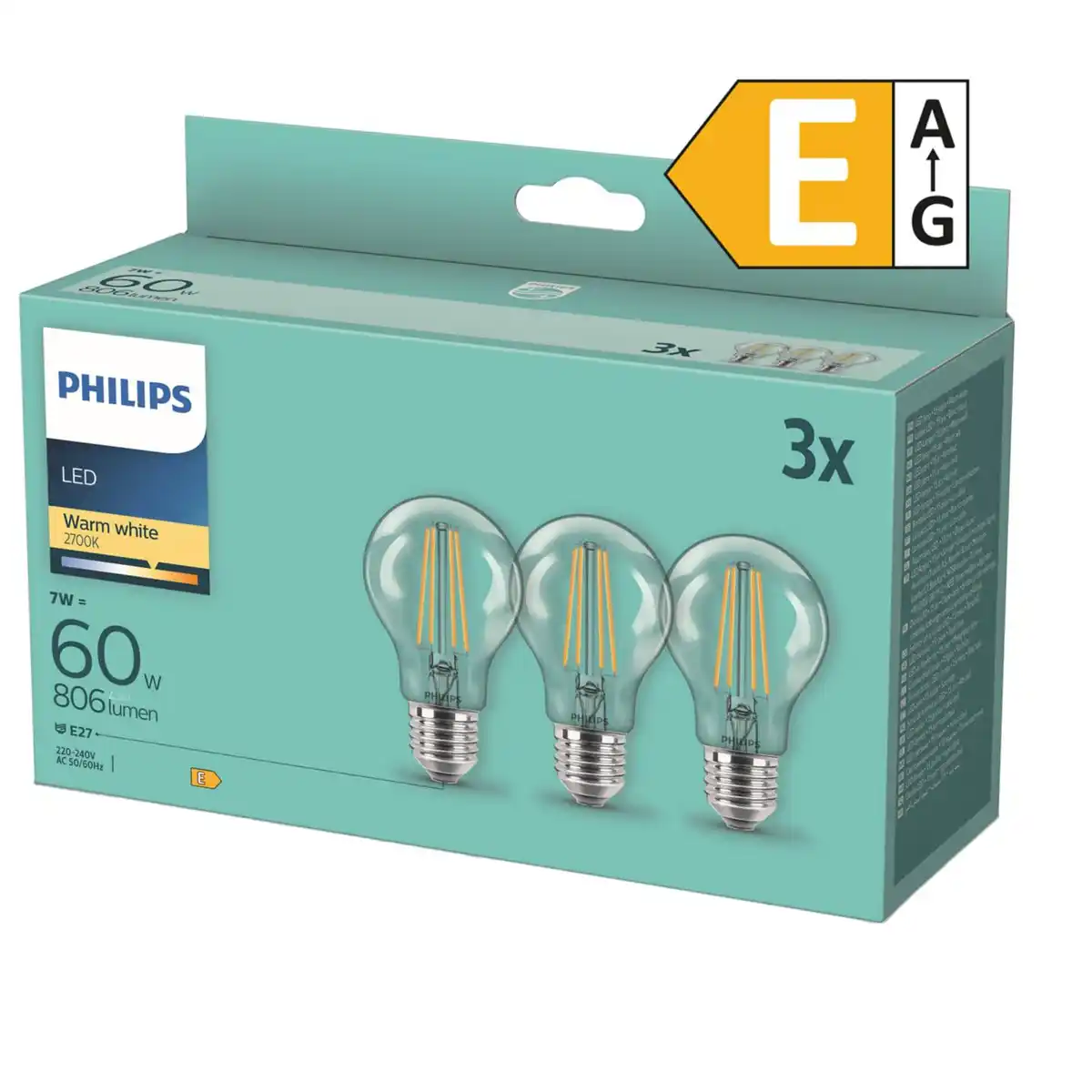 Bild 1 von PHILIPS LED-Filament-Birnen E27 7 W, 806 lm, 2.700 K, 3-St.-Packg.