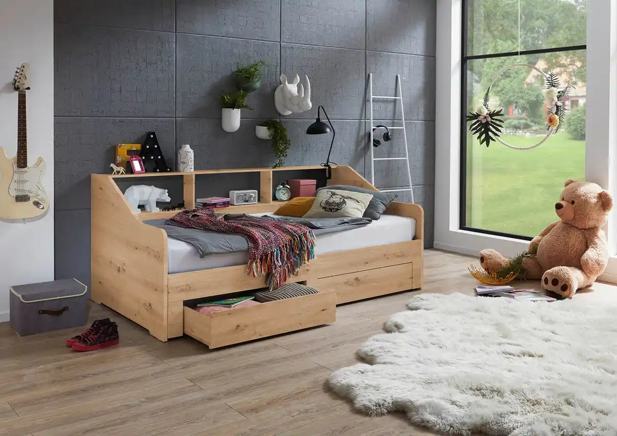Bild 1 von Funktionsbett RENE ausziehbar (90-180x200 cm), mit 2 Schubladen & Regal, Eiche Artisan Dekor