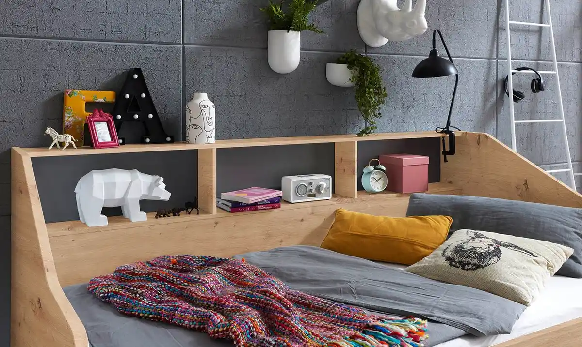 Bild 4 von Funktionsbett RENE ausziehbar (90-180x200 cm), mit 2 Schubladen & Regal, Eiche Artisan Dekor