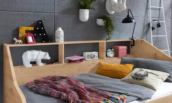 Bild 4 von Funktionsbett RENE ausziehbar (90-180x200 cm), mit 2 Schubladen & Regal, Eiche Artisan Dekor