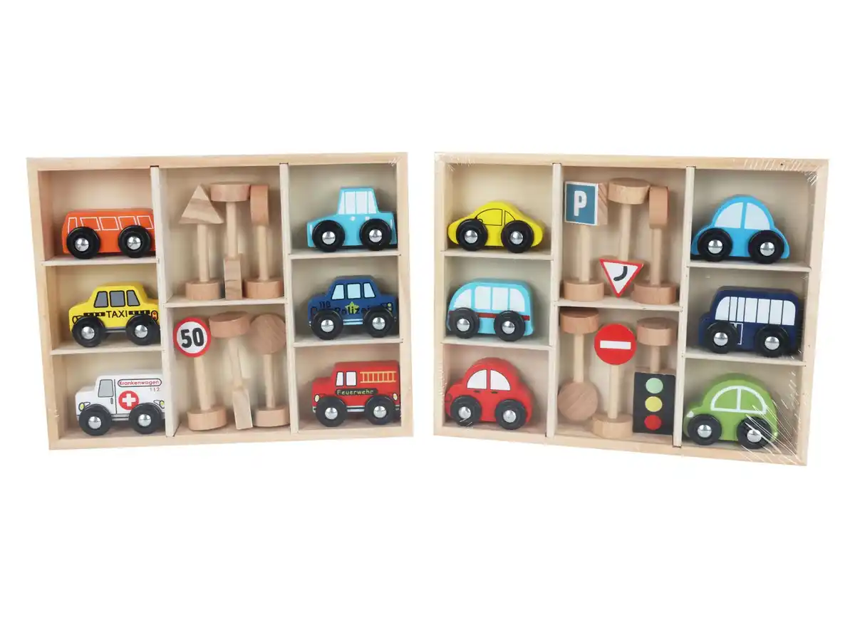 Bild 1 von Holzfahrzeuge mit Verkehrszeichen 12-teiliges Set
