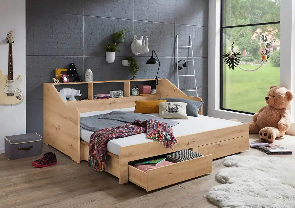 Bild 3 von Funktionsbett RENE ausziehbar (90-180x200 cm), mit 2 Schubladen & Regal, Eiche Artisan Dekor