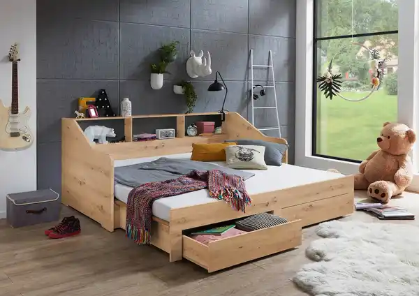 Bild 3 von Funktionsbett RENE ausziehbar (90-180x200 cm), mit 2 Schubladen & Regal, Eiche Artisan Dekor