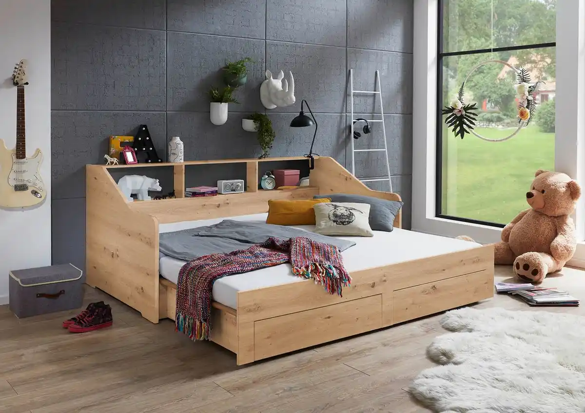 Bild 2 von Funktionsbett RENE ausziehbar (90-180x200 cm), mit 2 Schubladen & Regal, Eiche Artisan Dekor