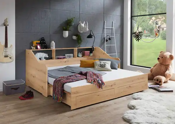 Bild 2 von Funktionsbett RENE ausziehbar (90-180x200 cm), mit 2 Schubladen & Regal, Eiche Artisan Dekor
