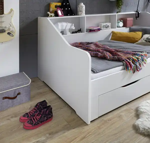 Bild 3 von Funktionsbett RENE von 90 auf 180 x 200 cm ausziehbar, mit 2 Schublade & Regal, weiß