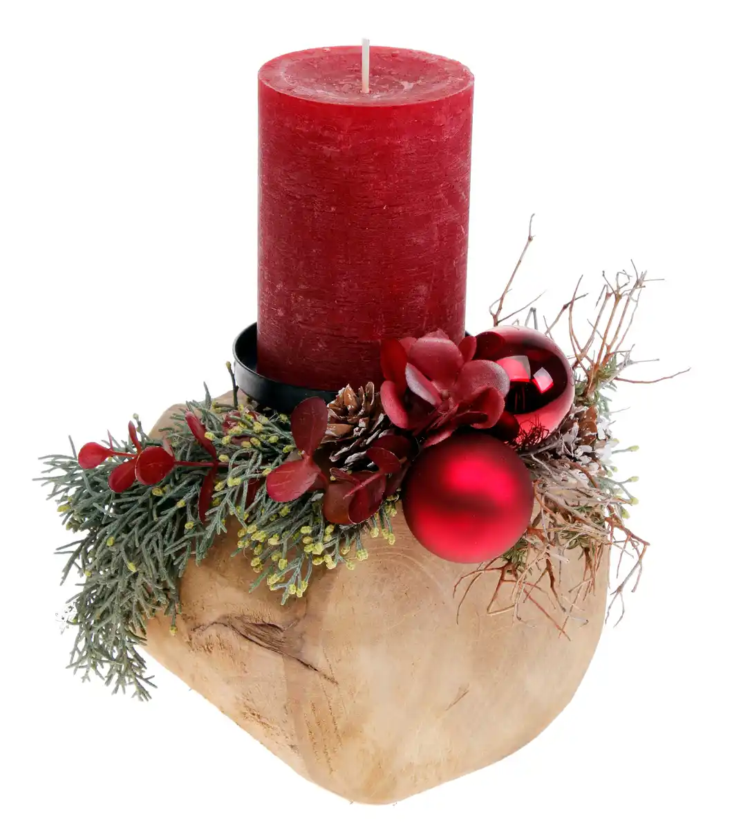 Bild 1 von Teak-Kerzenhalter mit Rustik-Kerze 24 cm bordeaux