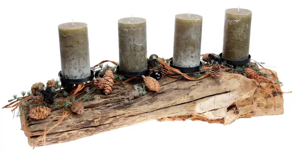 Bild 1 von Adventsgesteck Teak-Kerzenhalter mit 4 Rustik-Kerzen 28 x 20 x 70 cm olive