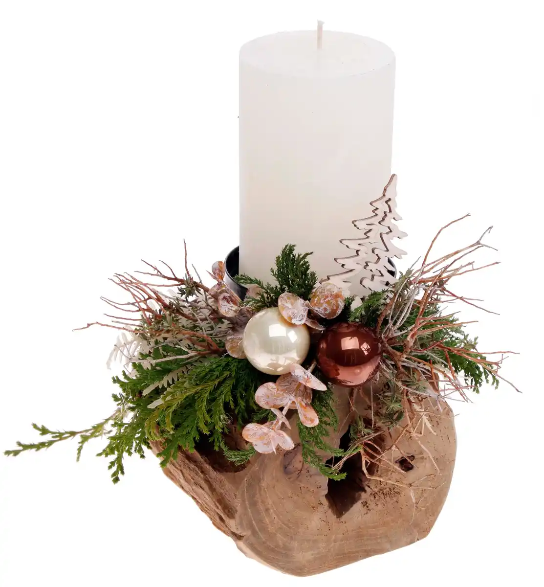 Bild 1 von Teak-Kerzenhalter mit Rustik-Kerze 24 cm creme