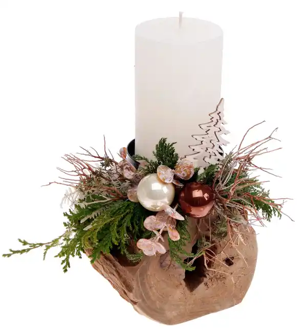 Bild 1 von Teak-Kerzenhalter mit Rustik-Kerze 24 cm creme