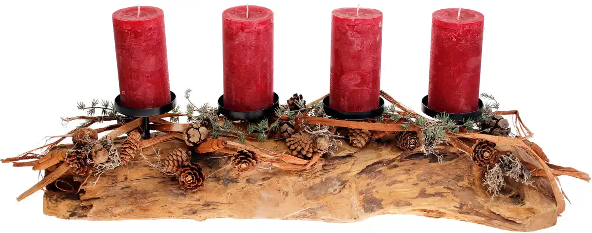 Bild 1 von Adventsgesteck Teak-Kerzenhalter mit 4 Rustik-Kerzen 28 x 20 x 70 cm rot