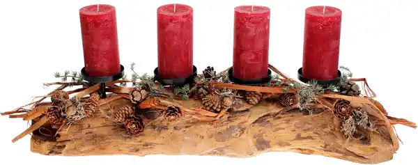 Bild 1 von Adventsgesteck Teak-Kerzenhalter mit 4 Rustik-Kerzen 28 x 20 x 70 cm rot