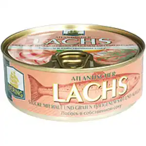 Lachs-Stücke (Salmo salar) mit Haut und Gräten in eigenem S...