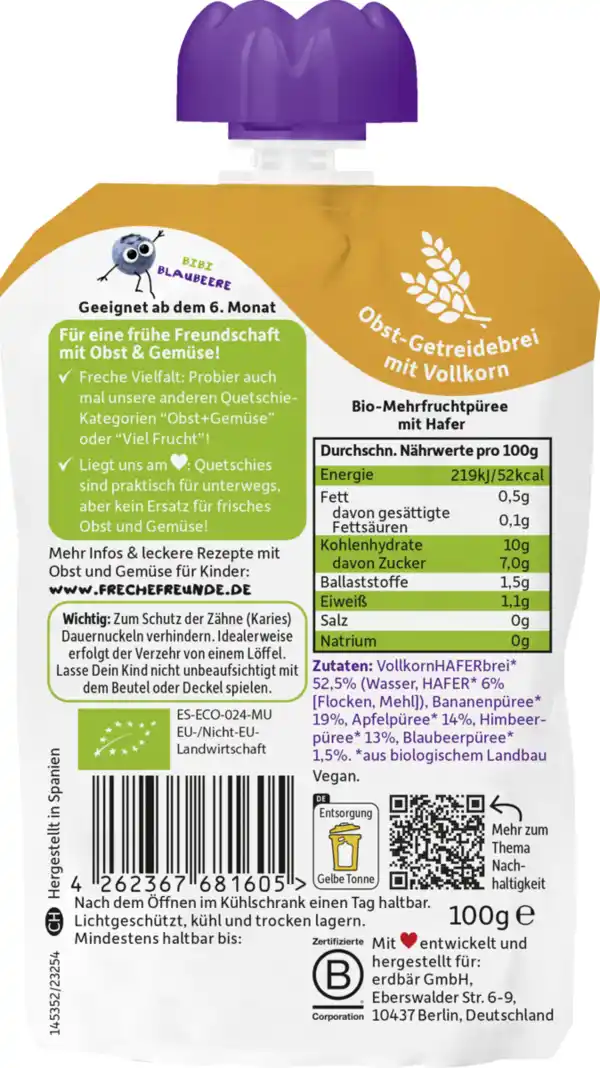 Bild 2 von Freche Freunde Bio Quetschie Banane, Apfel, Himbeere, Blaubeere mit Hafer, 100 g