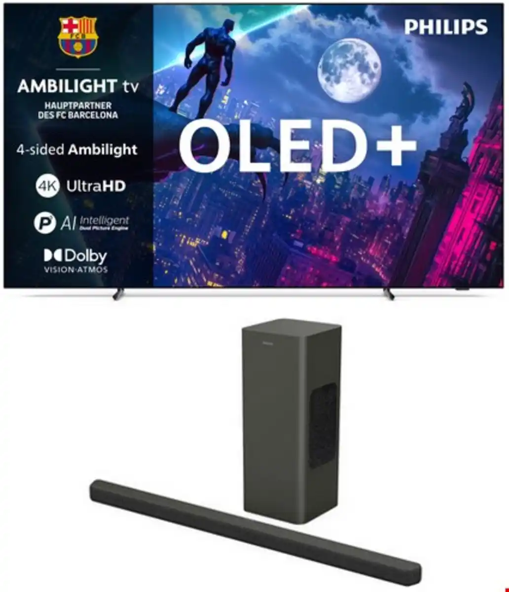 Bild 1 von 65OLED950/12 164 cm (65") OLED+ Ambilight TV metall inkl. TAB8200/10 2.1 Soundbar mit Subwoofer