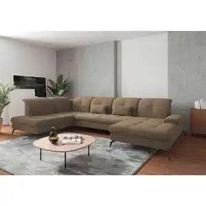 Sit & More Wohnlandschaft, Hellbraun, Textil, 6.5-Sitzer, Ottomane links, U-Form, 357x231 cm, Goldenes M, Oeko-Tex® Standard 100, Made in Europe, DGM-Klimapakt, Rücken echt, Armteil rechts, Wohnzim