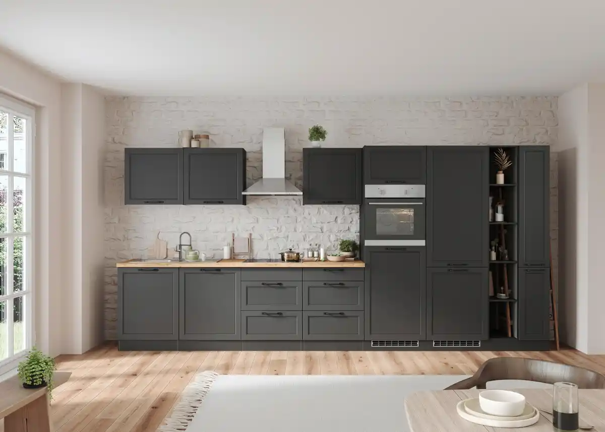 Bild 1 von Küchenzeile Meran mit Geräten ca. 420 cm Grau/Eiche Dekor, Grau, Eiche Wotan
