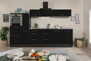 Küchenzeile mit Geräte Schwarz Hochgl/Eiche Grau B: ca. 300cm, Schwarz, Eichefarben