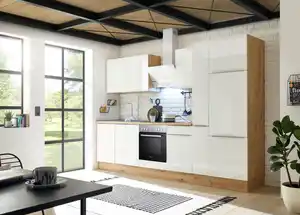 Küchenblock Marleen m. Geräten Weiß B: ca. 310 cm, Weiß Hochglanz, Eiche Artisan