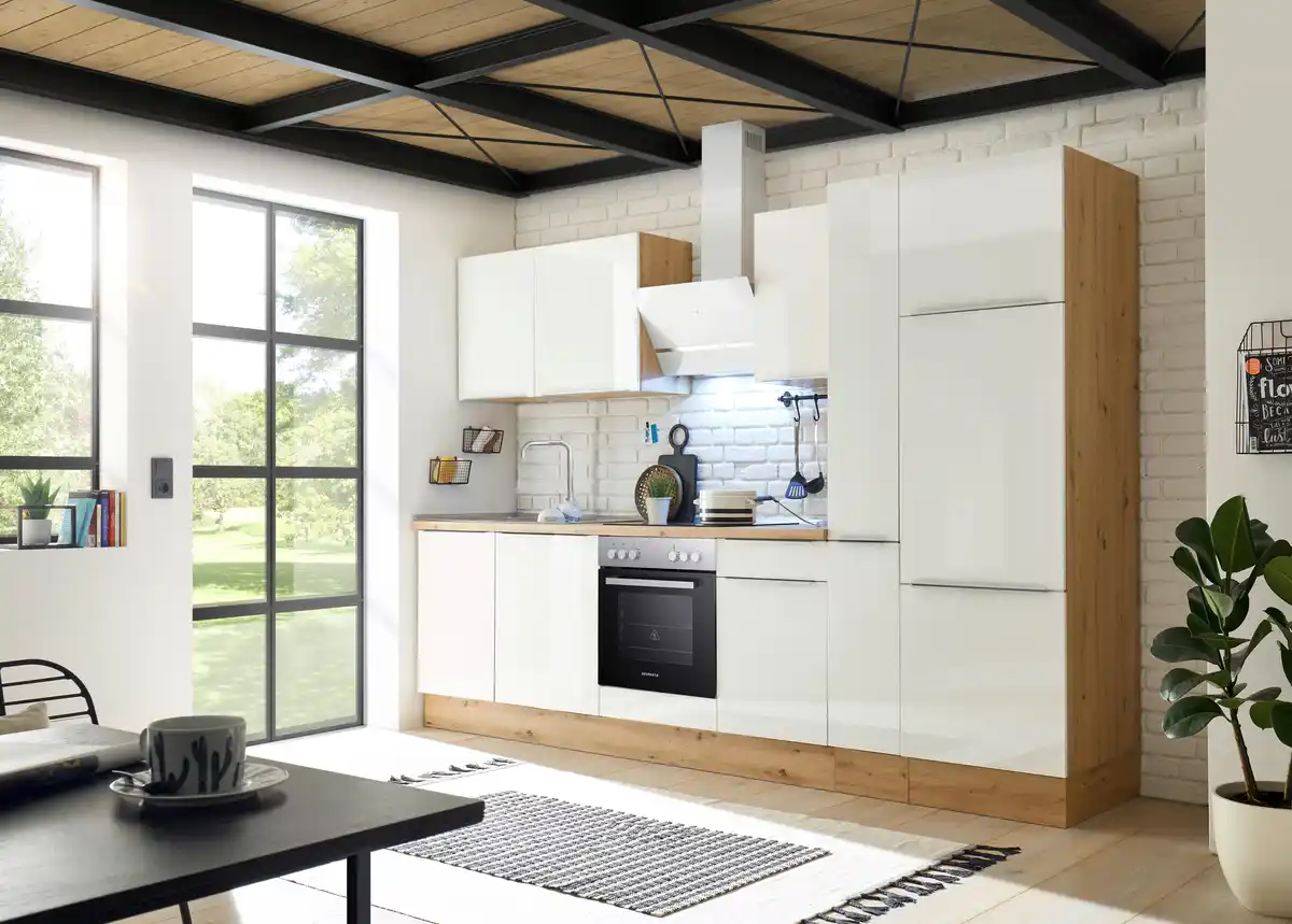 Bild 1 von Küchenblock Marleen m. Geräten Weiß B: ca. 310 cm, Weiß Hochglanz, Eiche Artisan