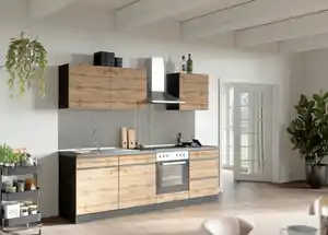 Küchenblock Turin mit Geräten ca. 240 cm Grau/Eiche, Graphitfarben, Eiche Wotan
