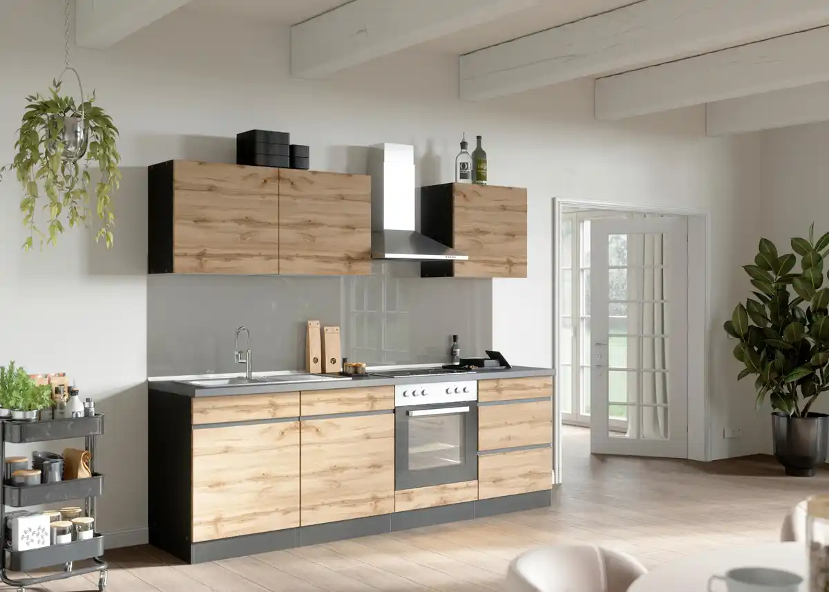 Bild 1 von Küchenblock Turin mit Geräten ca. 240 cm Grau/Eiche, Graphitfarben, Eiche Wotan