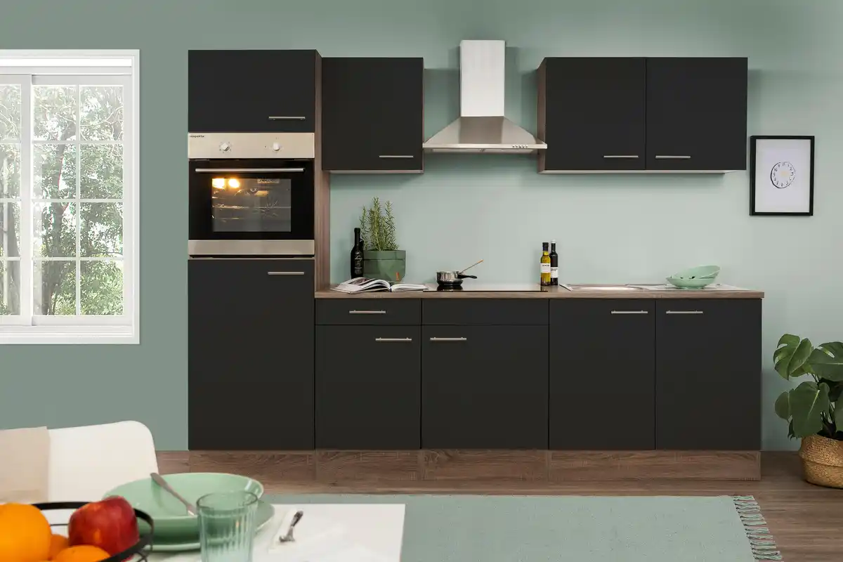 Bild 1 von Küchenzeile mit Geräte Schwarz /Eiche Dekor B: ca. 270 cm, Schwarz, Eichefarben