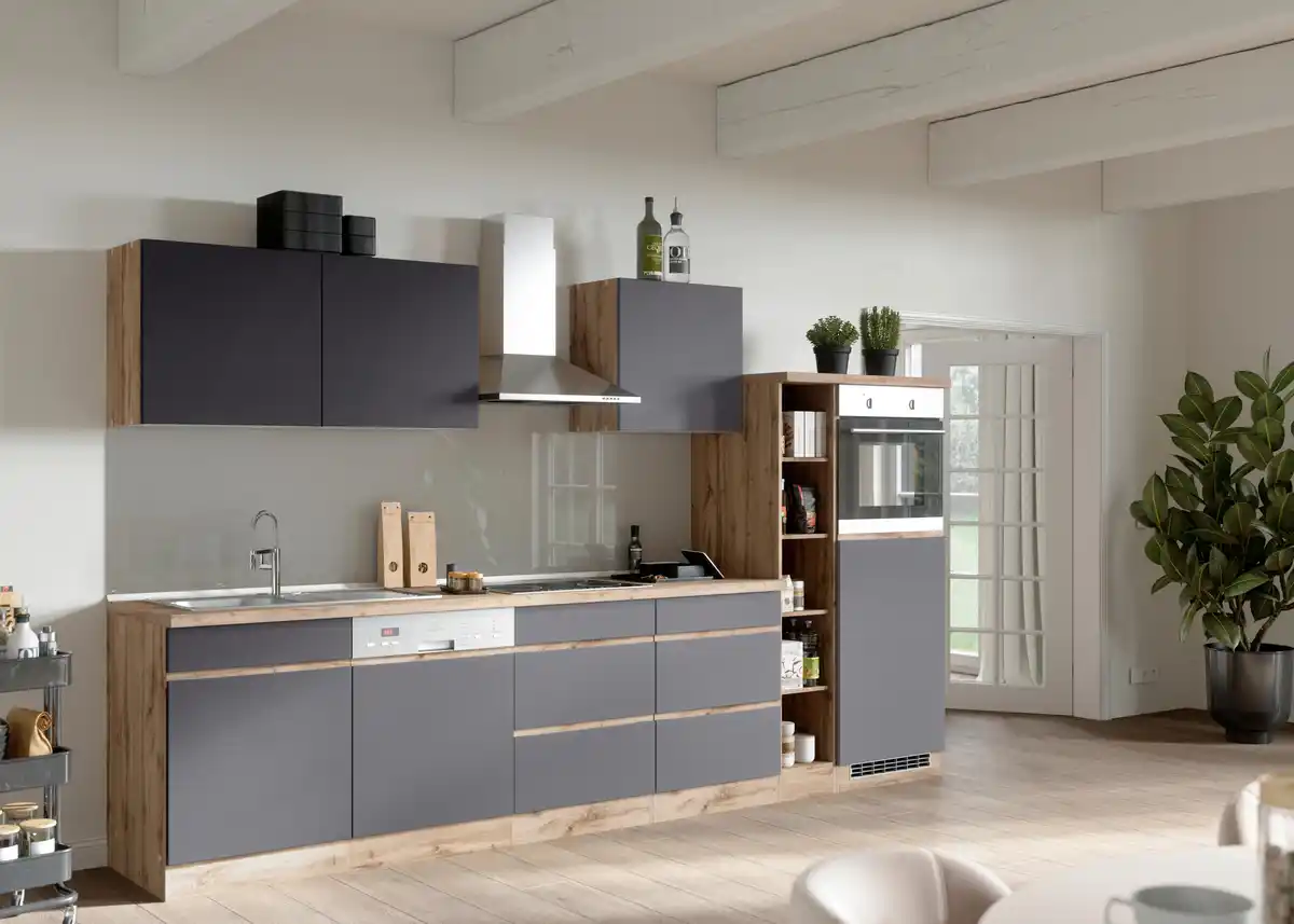 Bild 1 von Küchenzeile Turin mit Geräten ca. 330 cm Grau/Wotan Eiche, Grau, Eiche Wotan