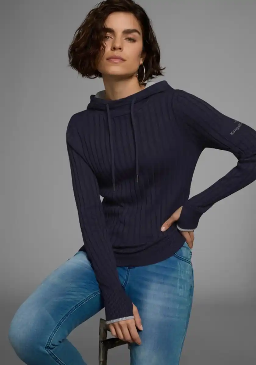 Bild 1 von KangaROOS Strickpullover mit kontrastfarbener Kapuzeninnenseite und Logodruck auf dem Arm, Blau|grau