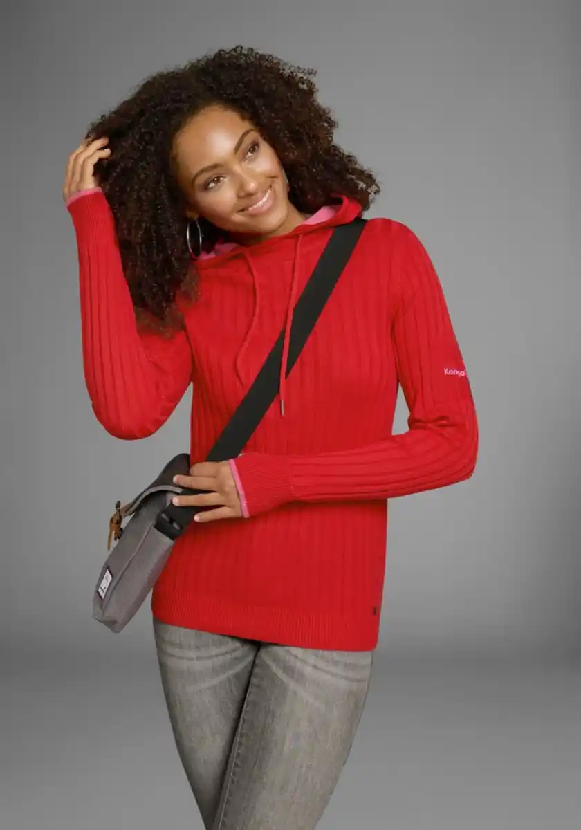 Bild 1 von KangaROOS Strickpullover mit kontrastfarbener Kapuzeninnenseite und Logodruck auf dem Arm, Rosa|rot