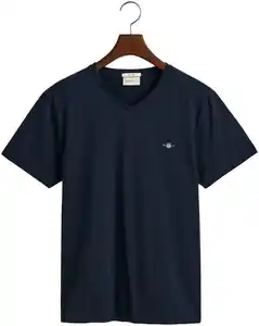 Gant T-Shirt SLIM SHIELD V-NECK T-SHIRT mit einer kleinen Logostickerei auf der Brust, Blau