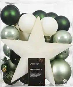 Decoris Weihnachtskugeln mit Christbaumspitze aus Kunststoff bruchsicher Ø 5, 6, 8 cm grün-beige 33 Stück