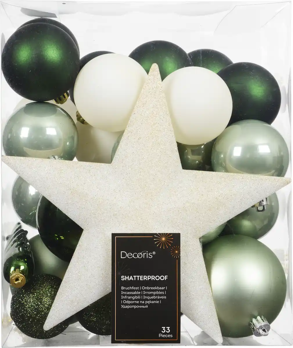 Bild 1 von Decoris Weihnachtskugeln mit Christbaumspitze aus Kunststoff bruchsicher Ø 5, 6, 8 cm grün-beige 33 Stück