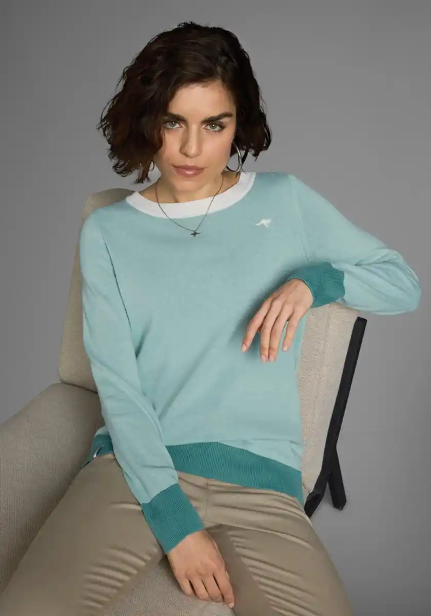 Bild 1 von KangaROOS Rundhalspullover mit Knopfleiste hinten und Konstrast-Bündchen, Grün|weiß