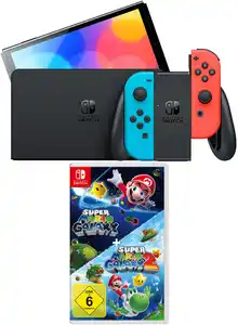 Switch Konsole (OLED-Modell) Bundle inkl. Super Mario Galaxy 1+2 neon rot/neon blau