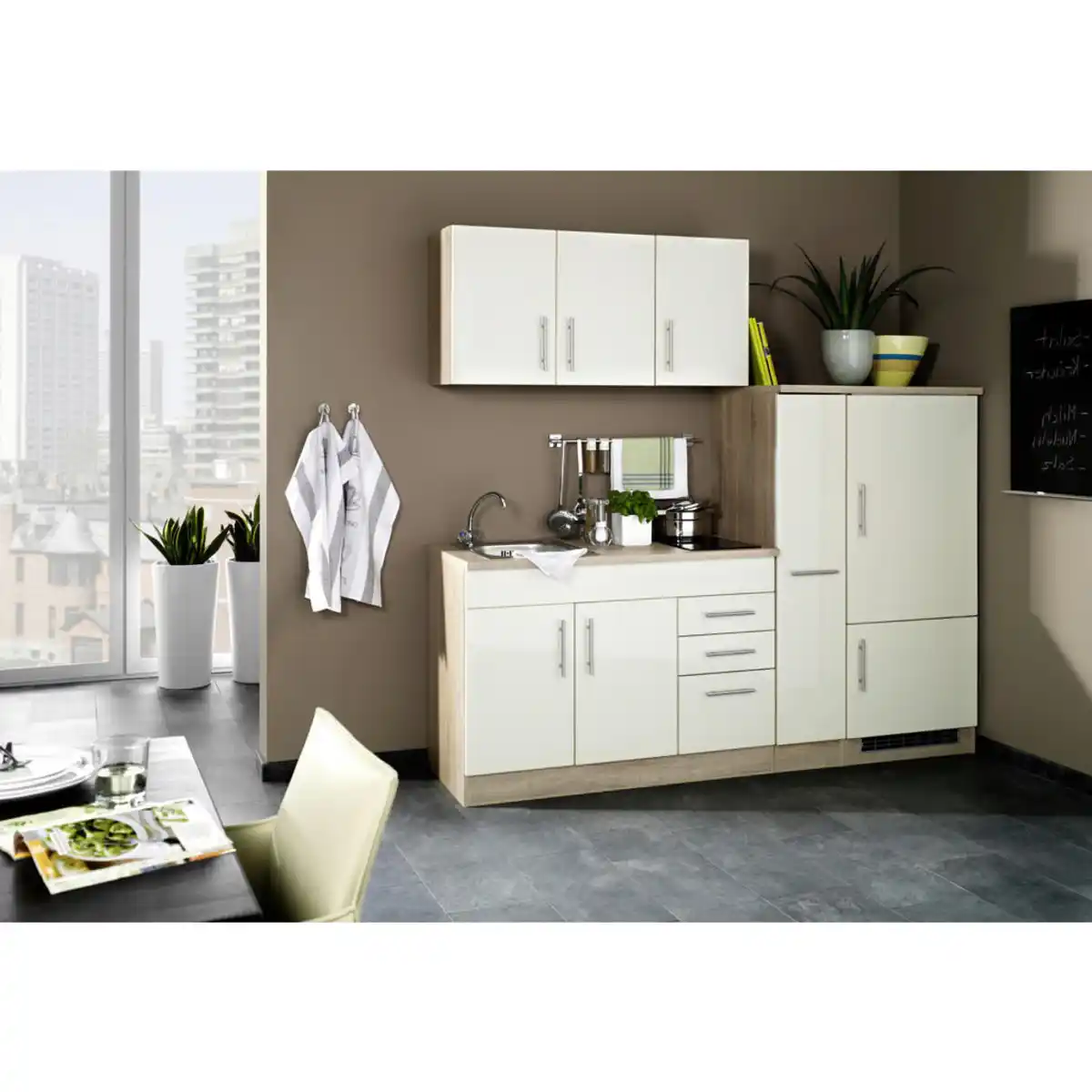 Bild 1 von Held Küchenblock Toronto, Creme, Metall, 1,3 Schubladen, seitenverkehrt montierbar, nur wie online abgebildet bestellbar, 210 cm, Made in Germany, links aufbaubar, rechts Anti-Fingerprint, Küchen,