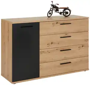Kommode in Schwarz/Eichefarben, Schwarz, Eichefarben